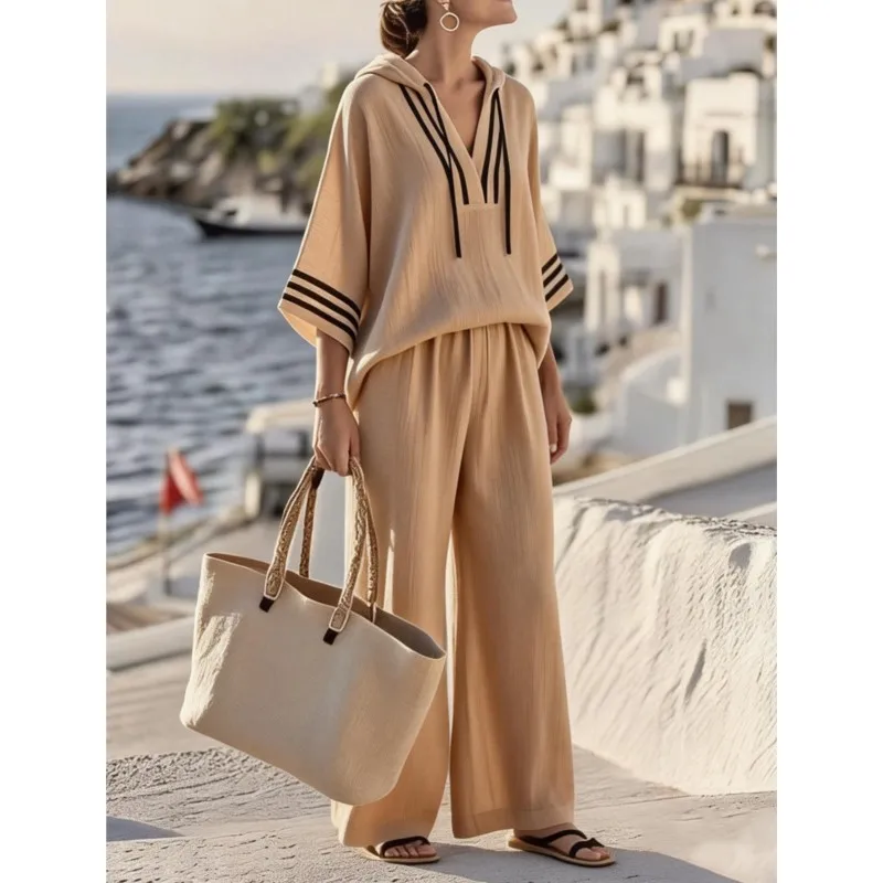 

Women's Casual Sports Suit Fashion Lace Up Design Hooded Top+wide Leg Pants Two-piece Set Ladies Three Quarter Sleeves Outfit