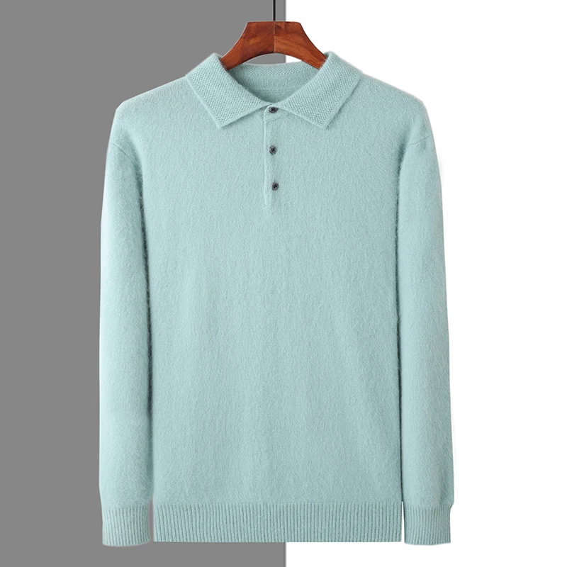 Men\'s 100%Mink cashmere Jacket with POLO Collar Honeycomb Pin Shirt Knit Pullover Autumn Winter Fashion New Style