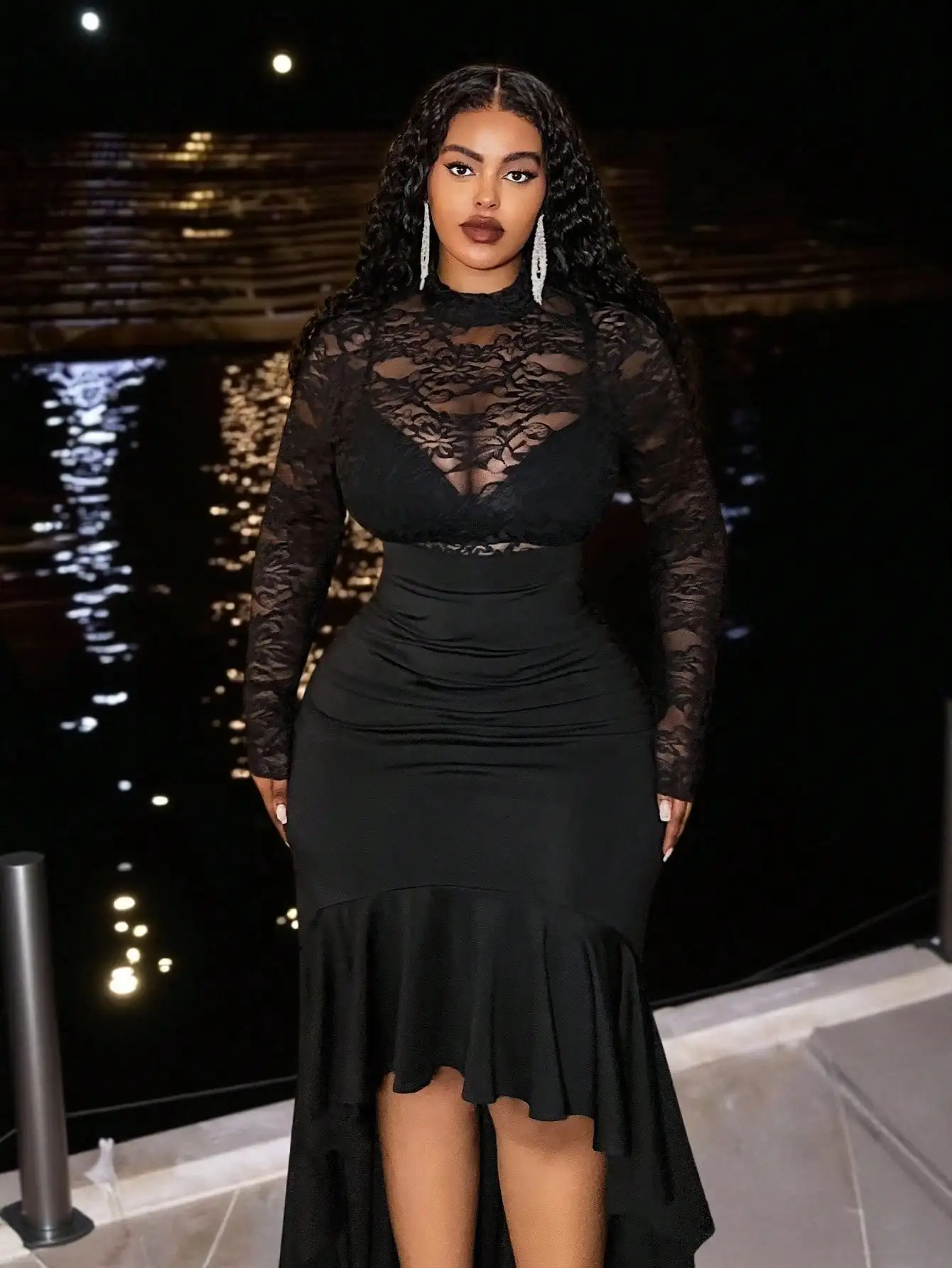 

Элегантное черное кружевное платье-футляр с длинными рукавами, прозрачным верхом и подолом-русалкой для вечерних мероприятий, клубных вечеринок, выпускных и свиданий