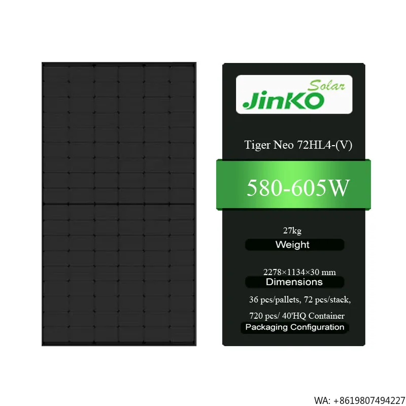 Panel Solar Jinko Tiger Neo 72HL4-(V) 580-605W de Alta Calidad, 580w 585w 590w 595w 600w 605w con Tecnología Tipo N