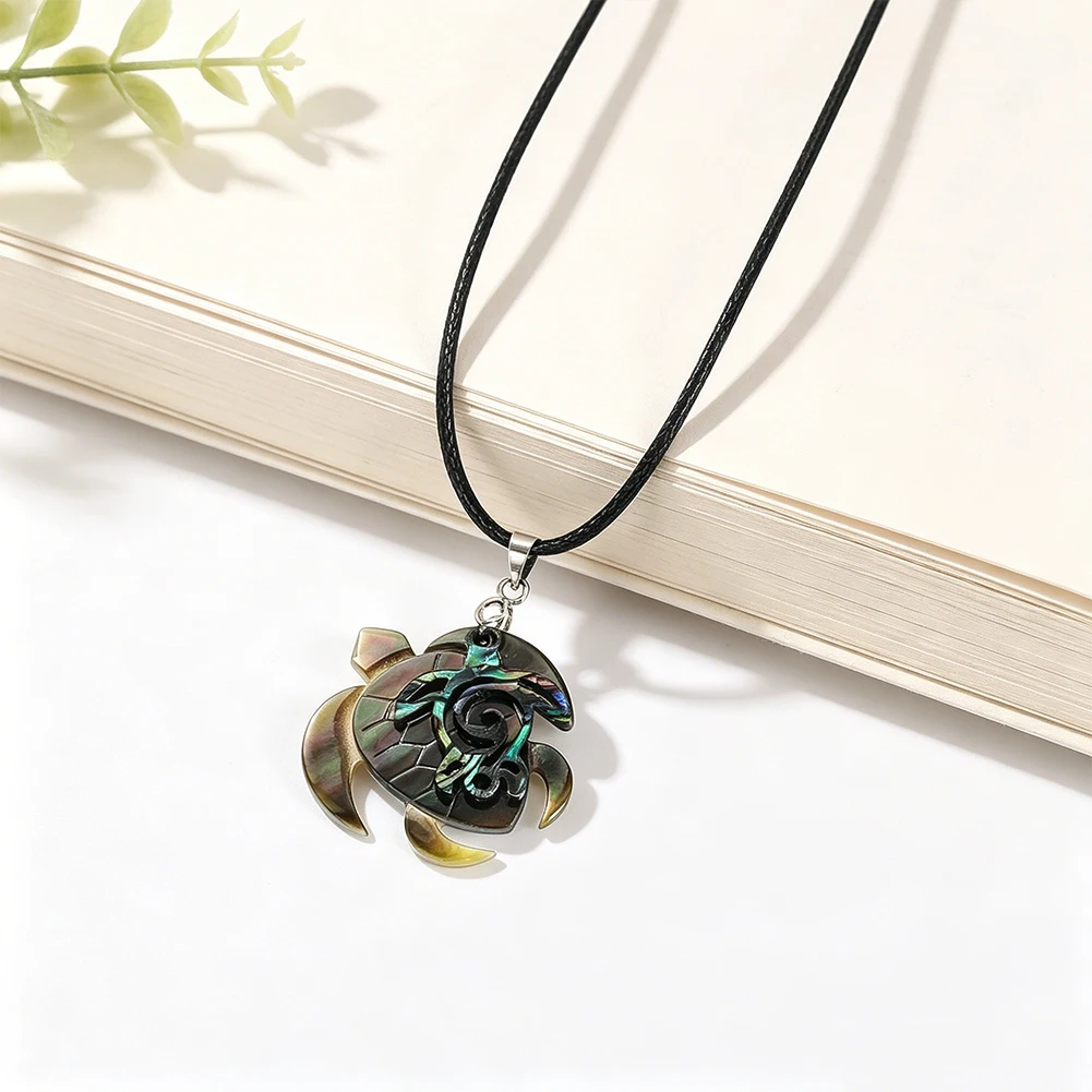 Hawaiian Style Shell Sea Turtle Pendant Iridescent Abalone Shell Wax Cord Necklace Unisex Vacation Fashion Accessory Gift