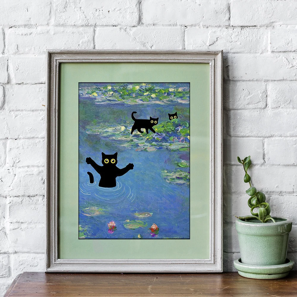 Pond with Water Lilies and Cats Wall Art Canvas Painting Funny Picture Mural Wall Decoration for Home