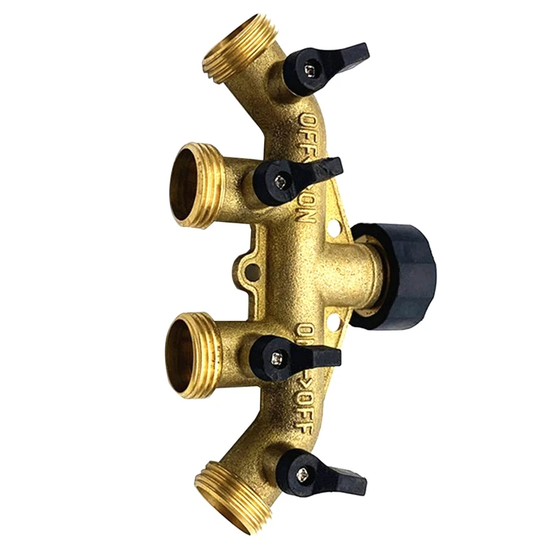 

4 Way Brass Hose Splitter, 3/4Inch Brass Hose Faucet Manifold, Garden Hose Connector Tap Splitter, Solid Brass-Yellow