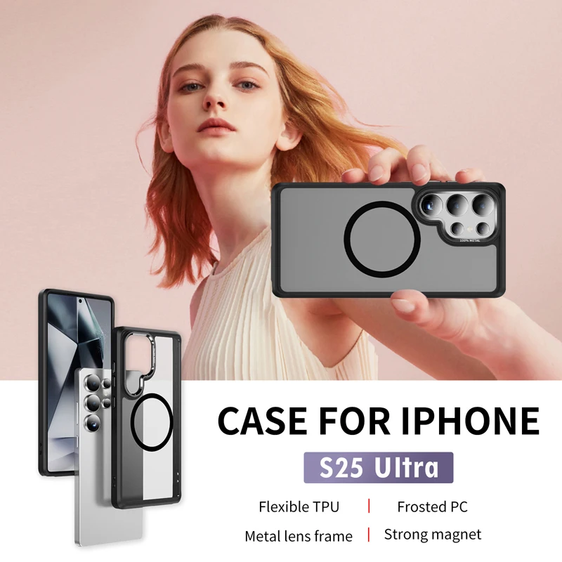 

Для Samsung Galaxy S25 S24 S23 Ultra S25 Plus чехол противоударный матовый ПК + гибкий ТПУ + металлическая рамка объектива полупрозрачная крышка