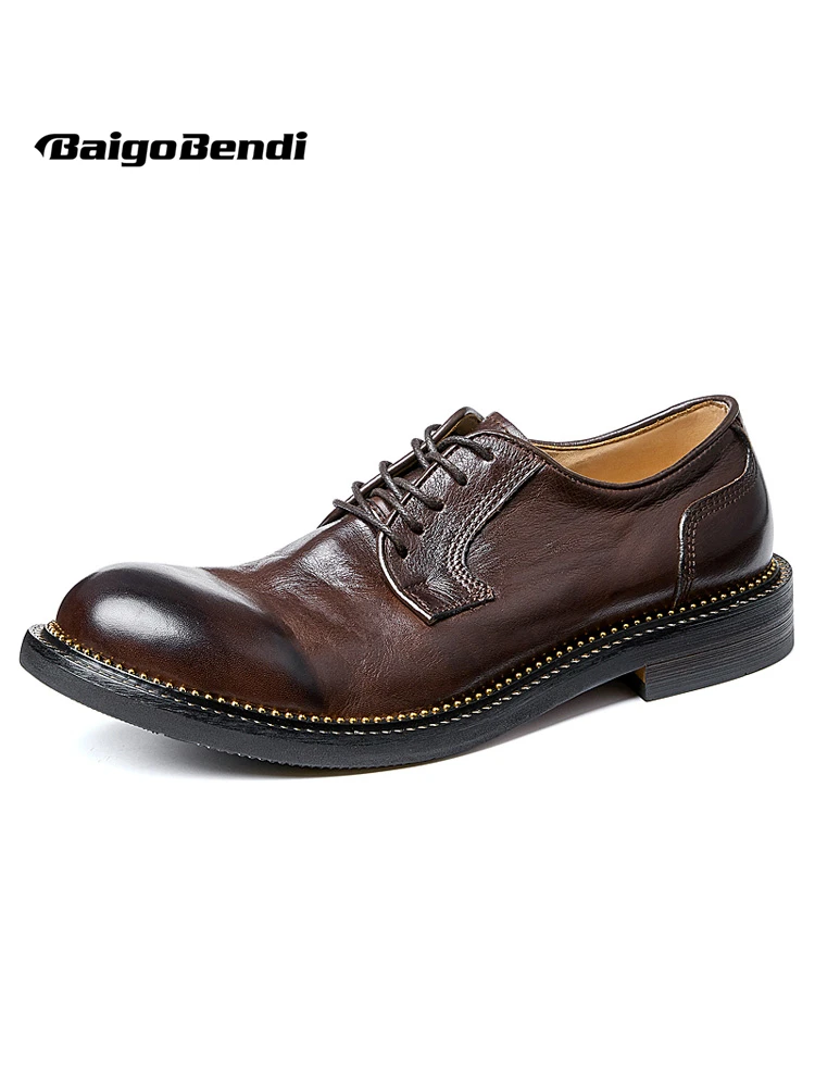 Zapatos de cuero elegantes Retro para hombre Noble hechos a mano suaves de gama alta punta redonda Oxfords británicos Casual hombre