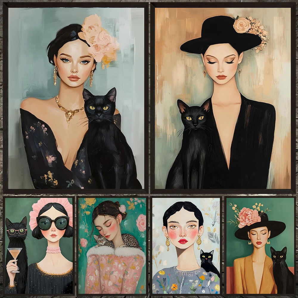 

Classy Lady With Black Cat Abstract Wall Art Canvas Painting,Chic Woman And Cat Portrait Minimalist Art Poster Print Home Decor
