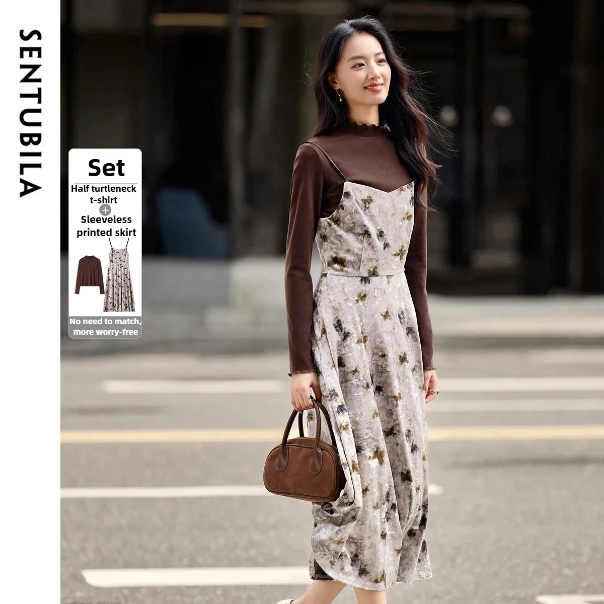 

SENTUBILA Elegant Temperament Dress Sets Women's Autumn Long Sleeve Knitted T-Shirt Printed Midi Dress Two Piece Set 154ZB3447
