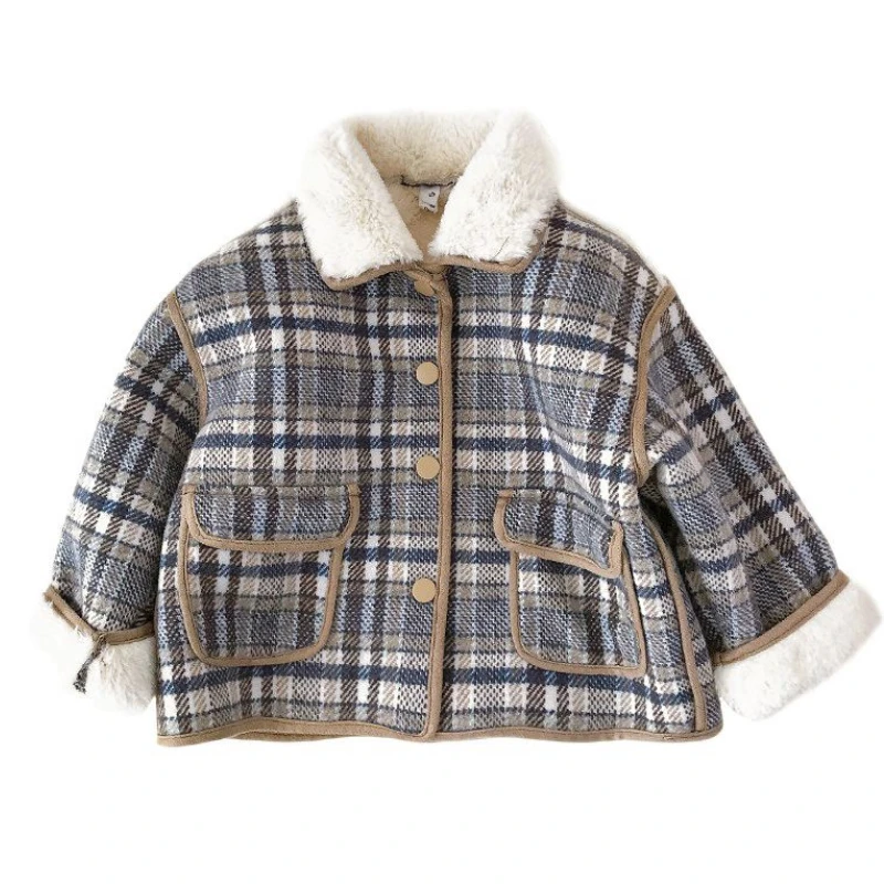 Winter Kids Fleece Warm Jackets Boys Plaid Outerwear 0-6Y Young Children Clothing Autumn Girls Thick Coats Turn-down Collar Tops