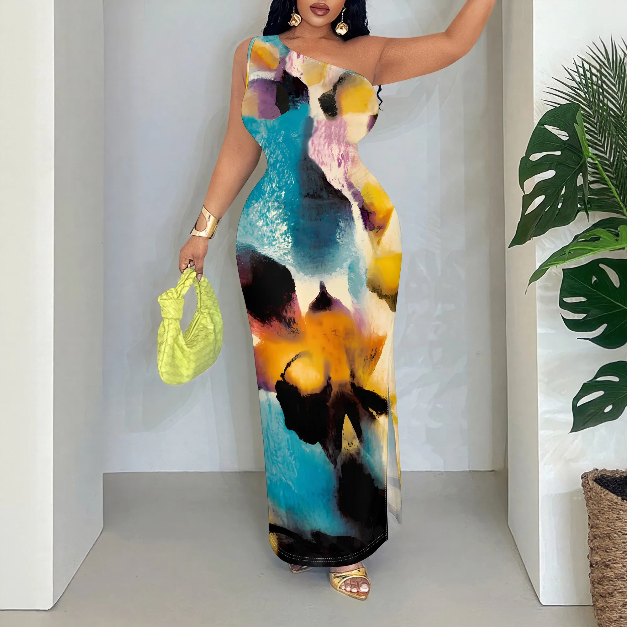 

Abstract Art, One Shoulder Maxi Dress, Floral Print Sleeveless Evening Gown, Summer Party Wear, S-2XL