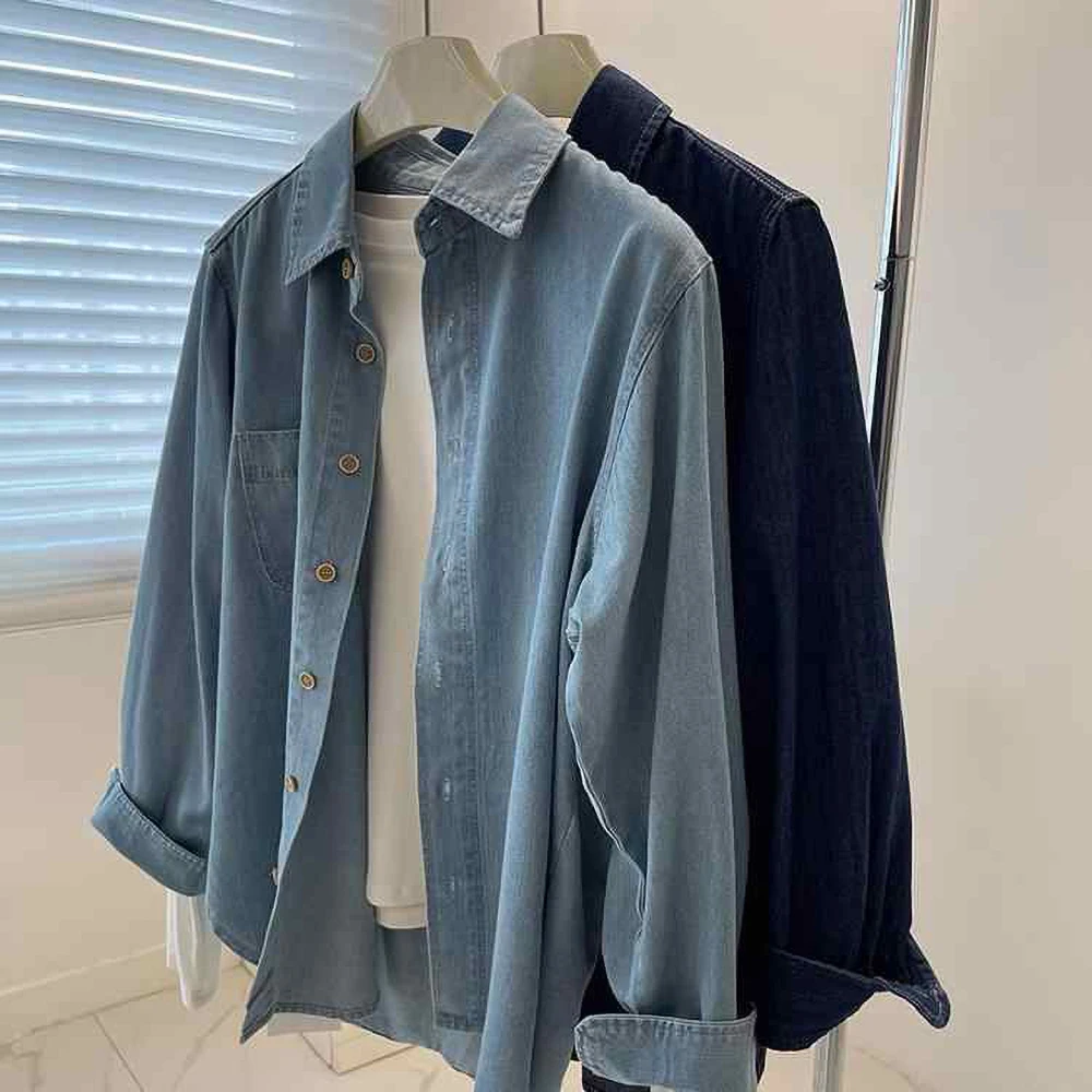 

Retro Blue Denim Shirt Women's Turn Down Collar Single-breasted Loose Jacket Fashion Spring Summer Thin Long Sleeve Top