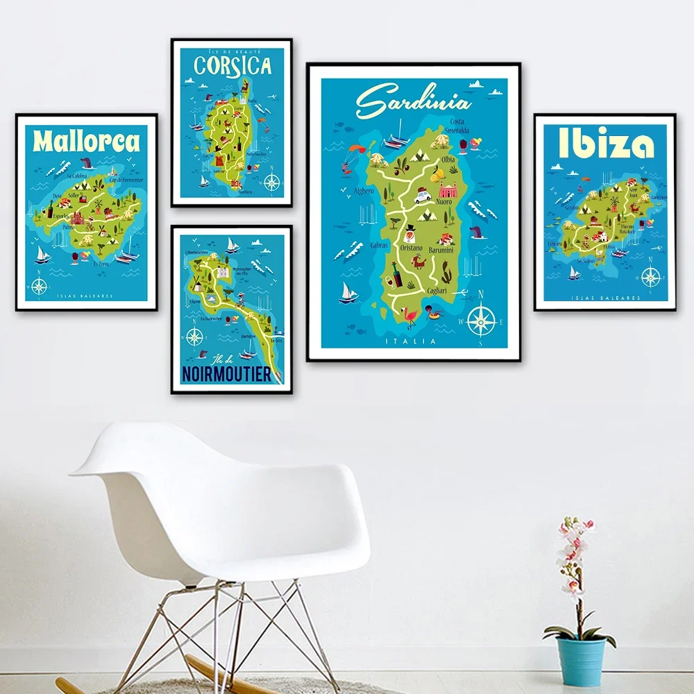 Mallorca Sardinia Ibiza Corsica Map Poster Green & Blue Art Print Canvas Painting Modern Museum Map Exhibit Poster Wall Pictures