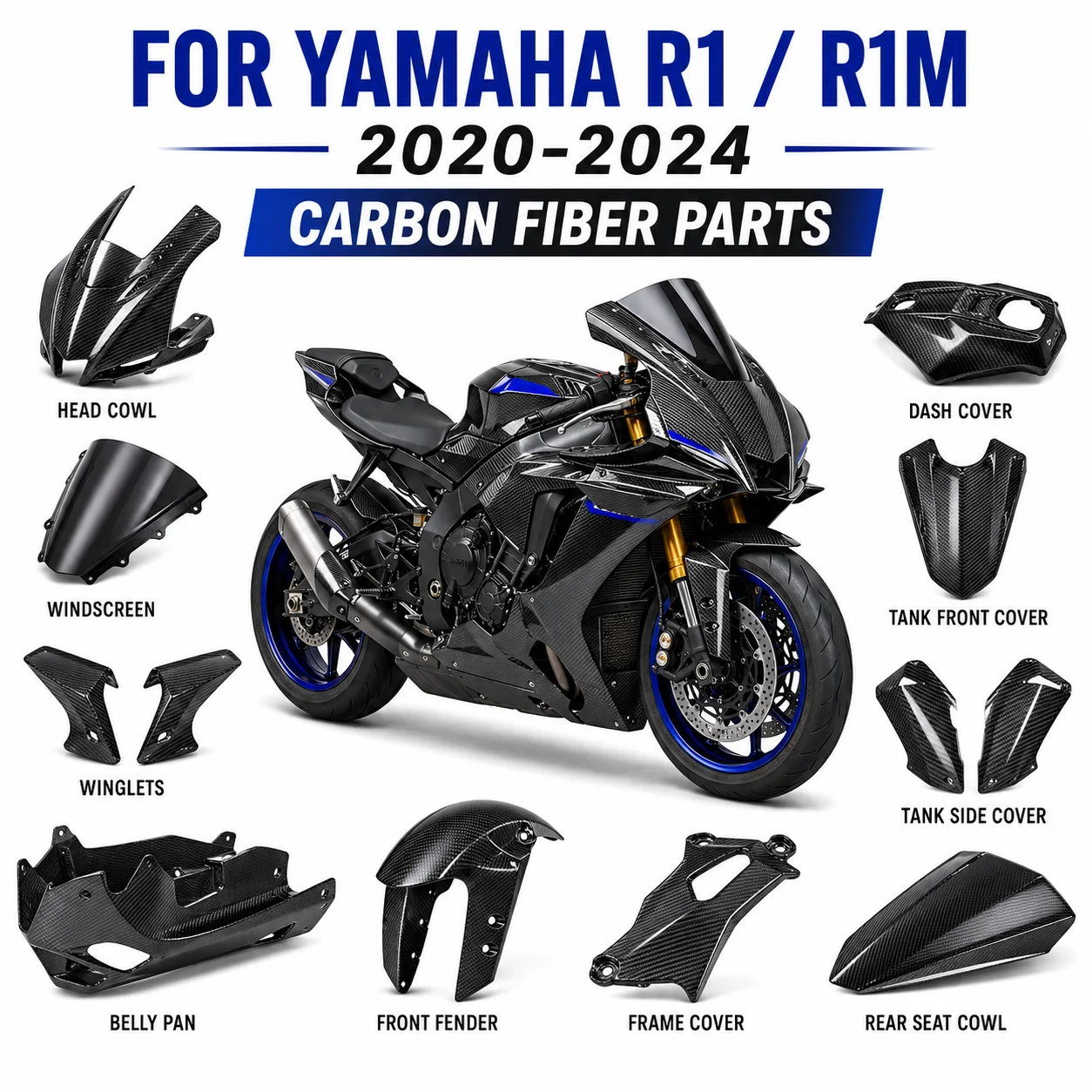 

For Yamaha R1 R1M 2020-2024 Carbon Fiber Parts Kit Winglets Belly Pan Side Fairing Tank Cover Tail Seat Motorcycle Accessories
