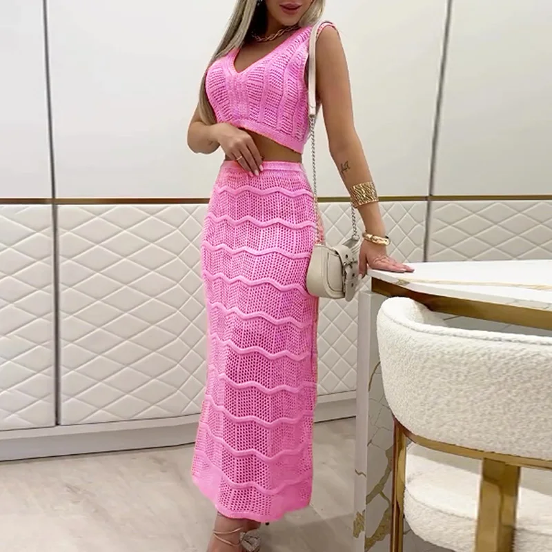 GELITAYIN Lady Summer V Neck Sleeveless Top And Long Skirt Suit Solid Color Knitted Slim Fit Two Piece Set Casual Hollow Out Bea