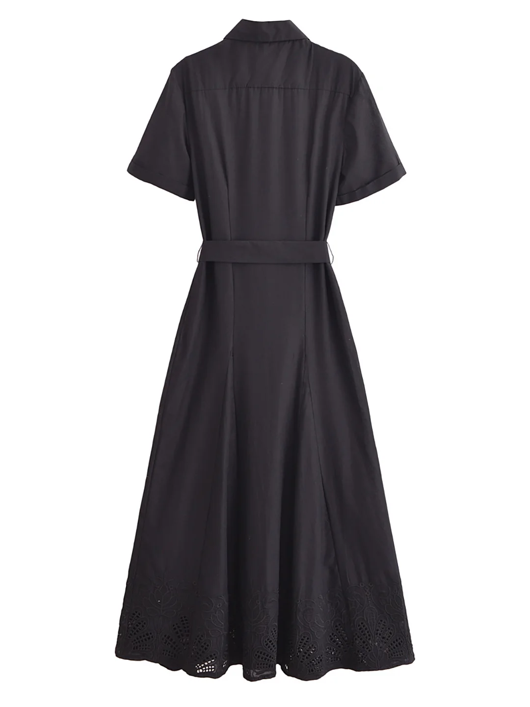 Robe chemise maxi boutonnée élégante de bureau avec ourlet brodé de ceinture robes longues noires femmes robes de vacances d'été à manches courtes