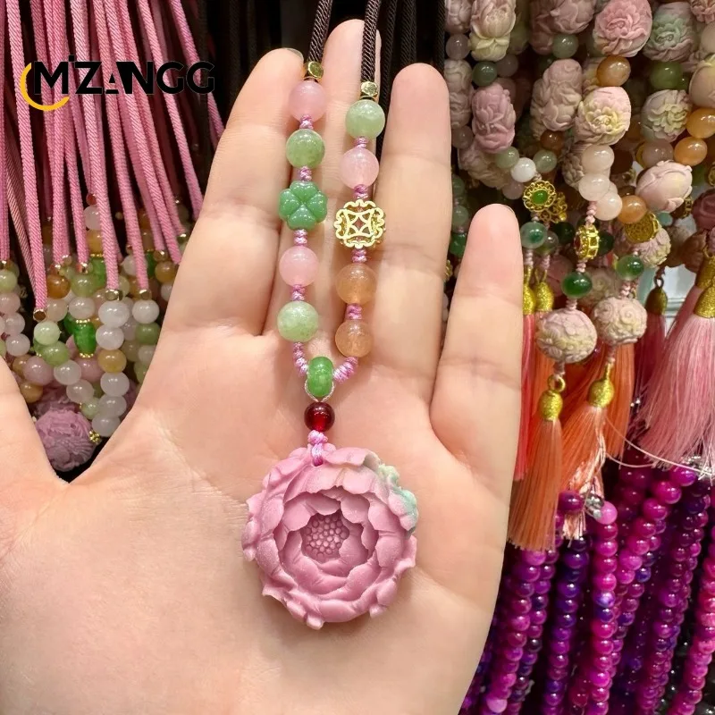 Natural Salt Source Agate Nine Tail Fox Jade Pendant Exquisite Fashion Phoenix Lotus Collarbone Chain Women\'s Necklace Mascot