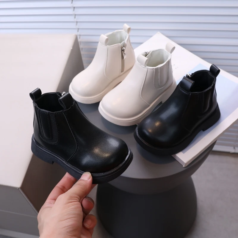 Bottes courtes en cuir coordonnantes pour enfants, bottes de style britannique pour garçons et filles, conception de fermeture à glissière latérale pour enfants, mode