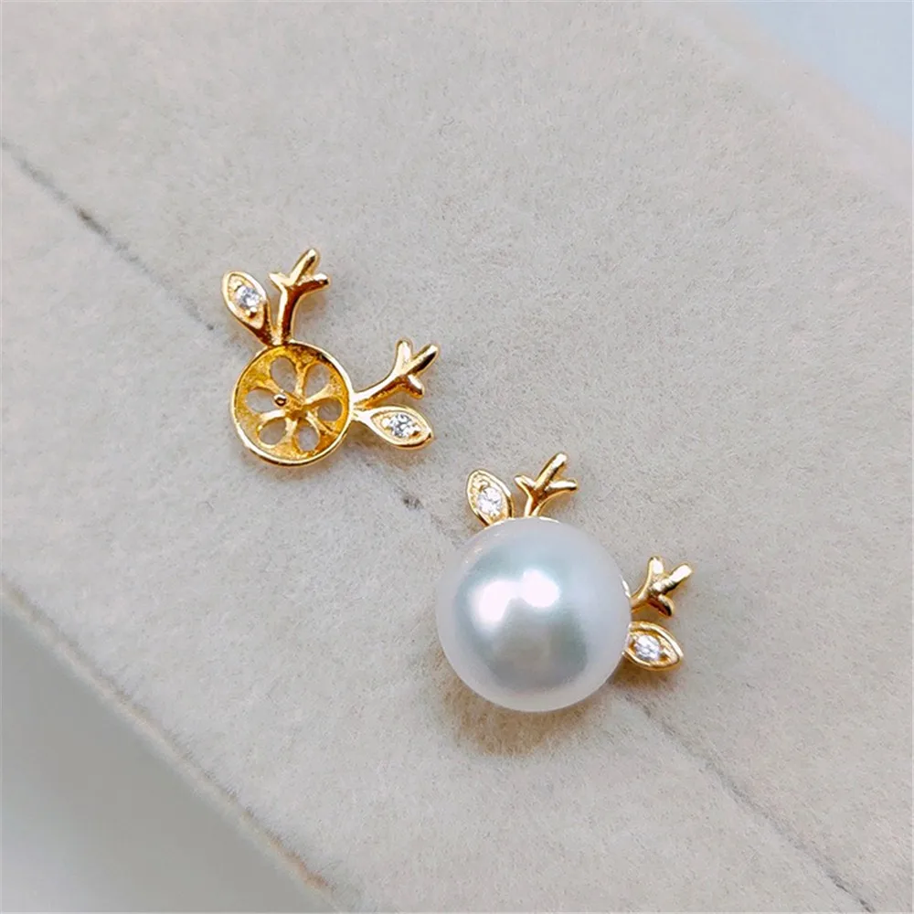 DIY Pearl Accessories Empty Tray S925 Sterling Silver Pearl Earrings Empty Tray Elk Style Women's Fit 6-8mm Round Flat Beads