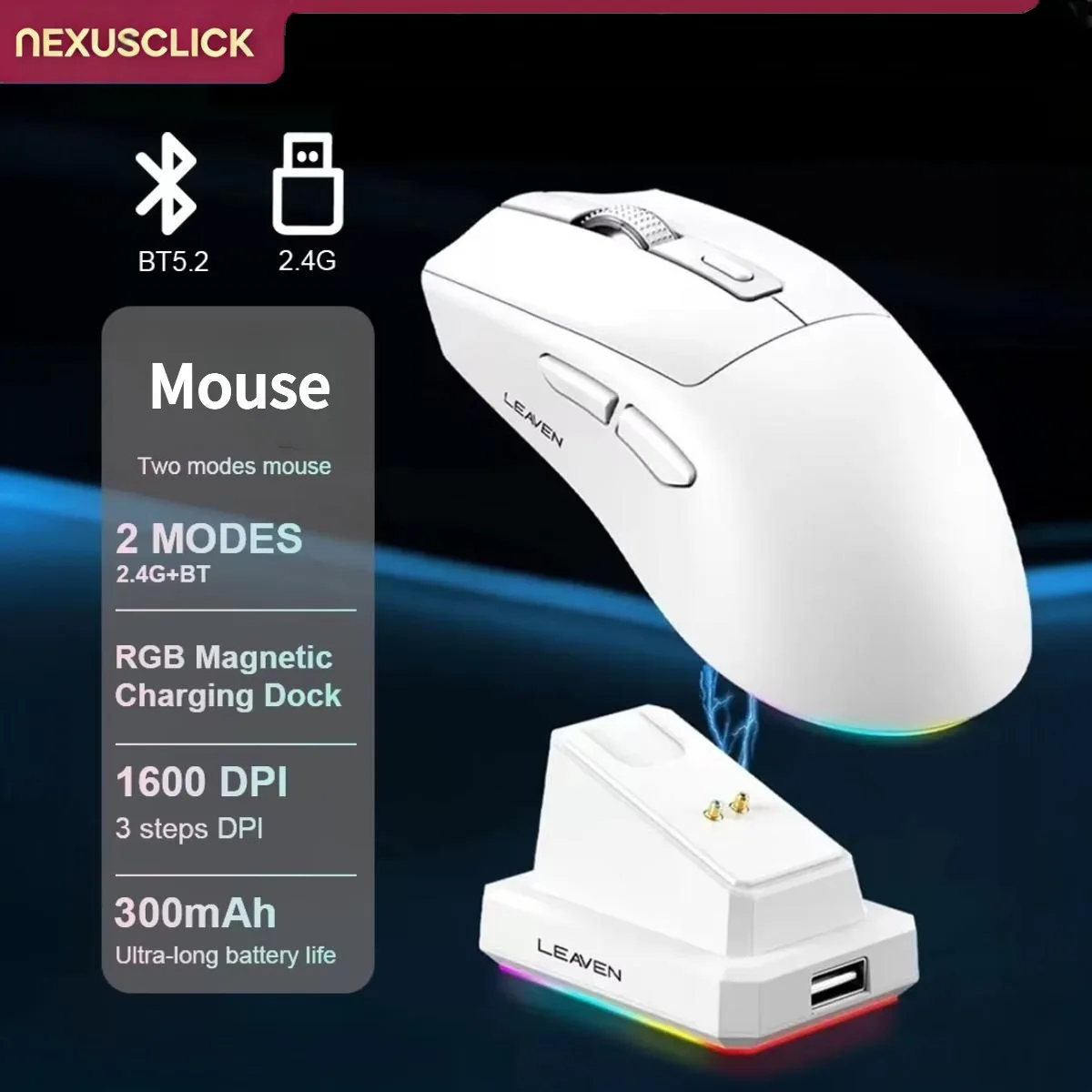 NexusClick Lightweight RGB Backlit Dual Mode Wireless Mouse,Magnetic Charging Base Adjustable DPI Ergonomic Gaming Mice for Work