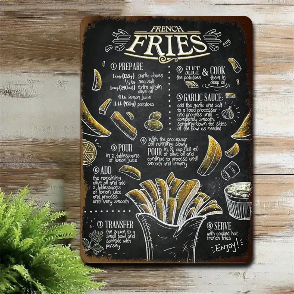 Letrero de estaño para receta de patatas fritas, decoración de cocina/cafetería, arte de pizarra Vintage, 8x12 pulgadas/20x30cm, 1 ud.