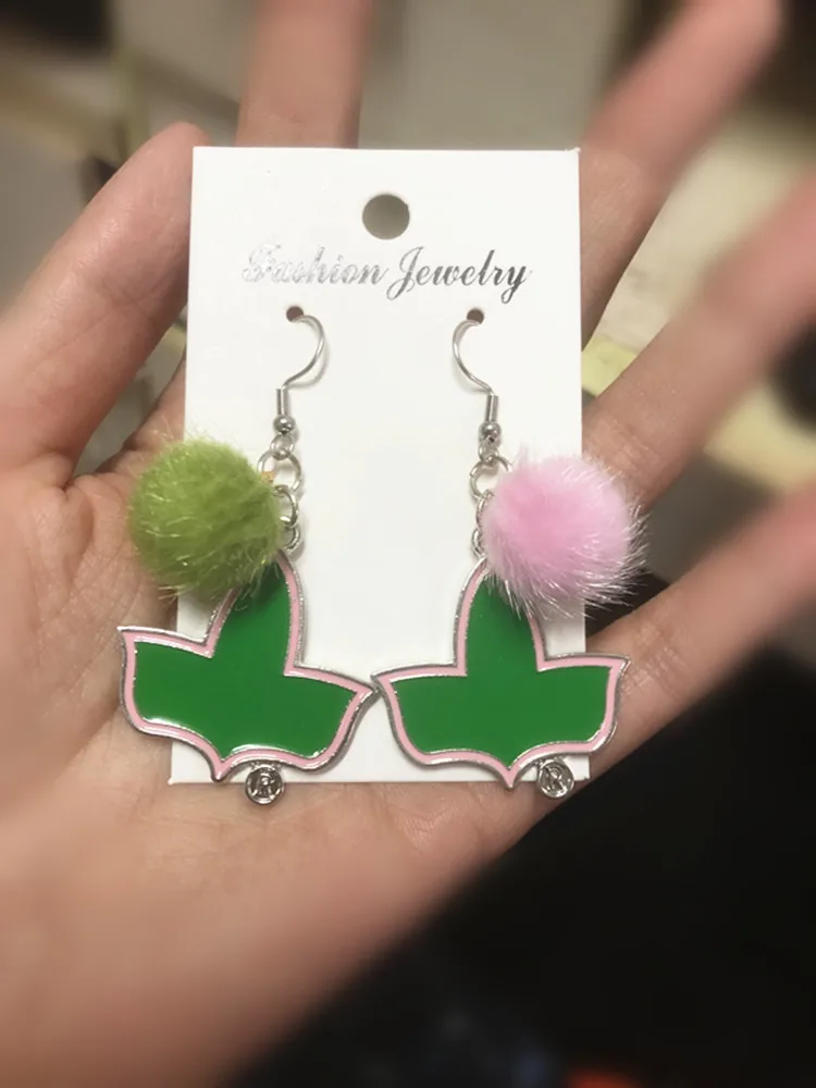 Various DIY Pink Green Fuzzy Ball Ivy Pendant Earring Steel Needle Sorority Greek Winter New Pom Enamel Handmade Jewelry OGE081