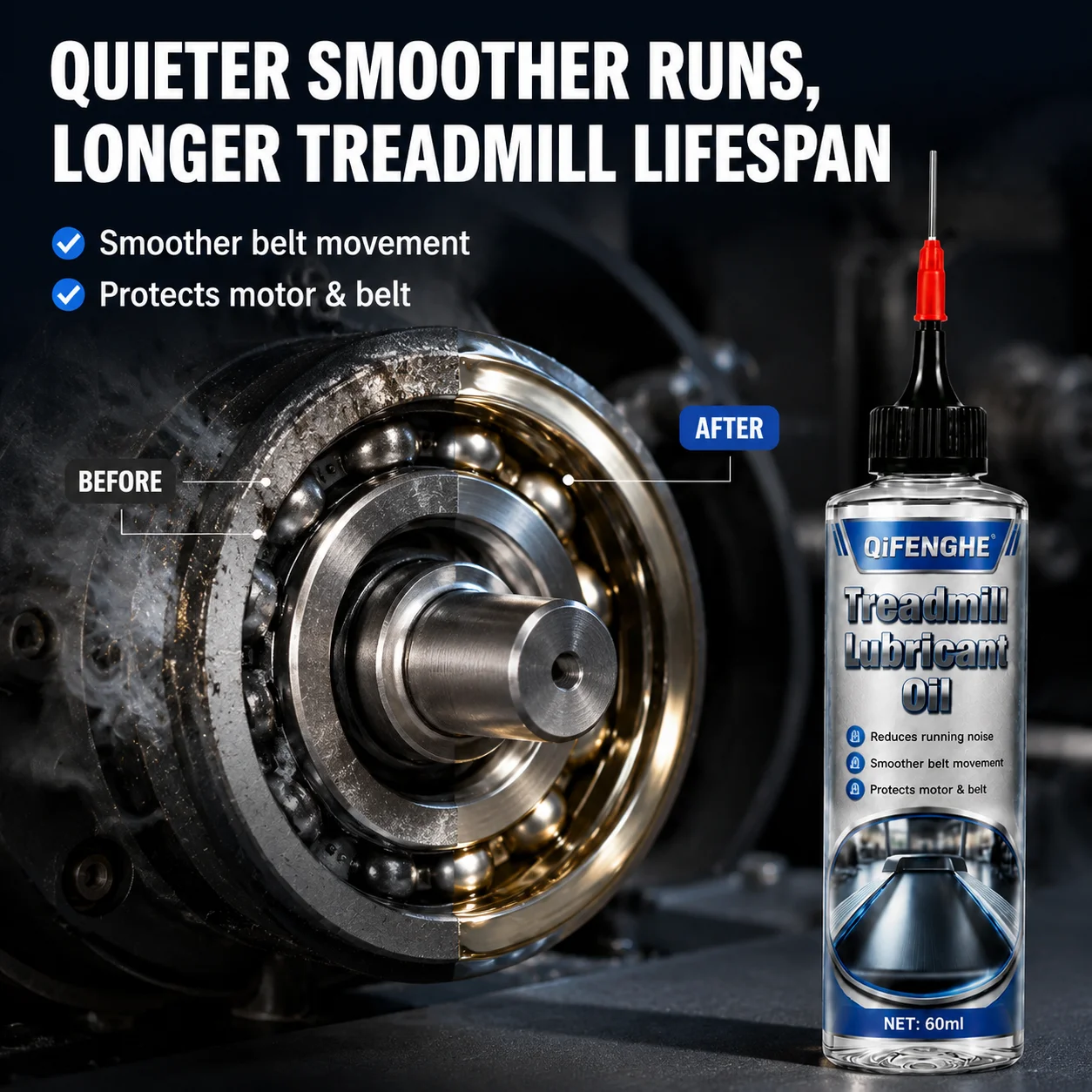 Noise Reduction Smooth Glide Treadmill Lubricant Oil for Belt and Deck, Motor Protection, Mess-Free Needle, 60ml