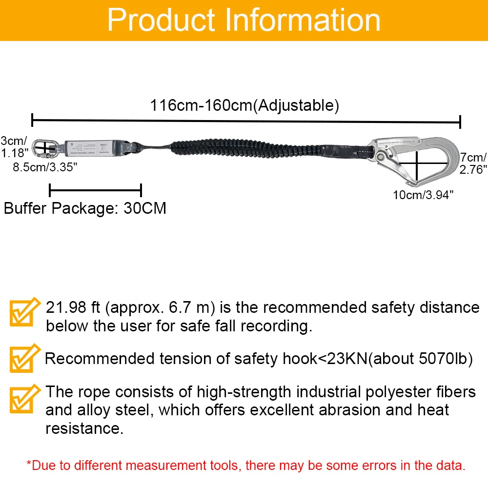 Double Hook Safety Belt Rope 23KN Electrician Protective High Altitude Work Rope with Buffer Bag Anti Fall Elastic Safety Rope