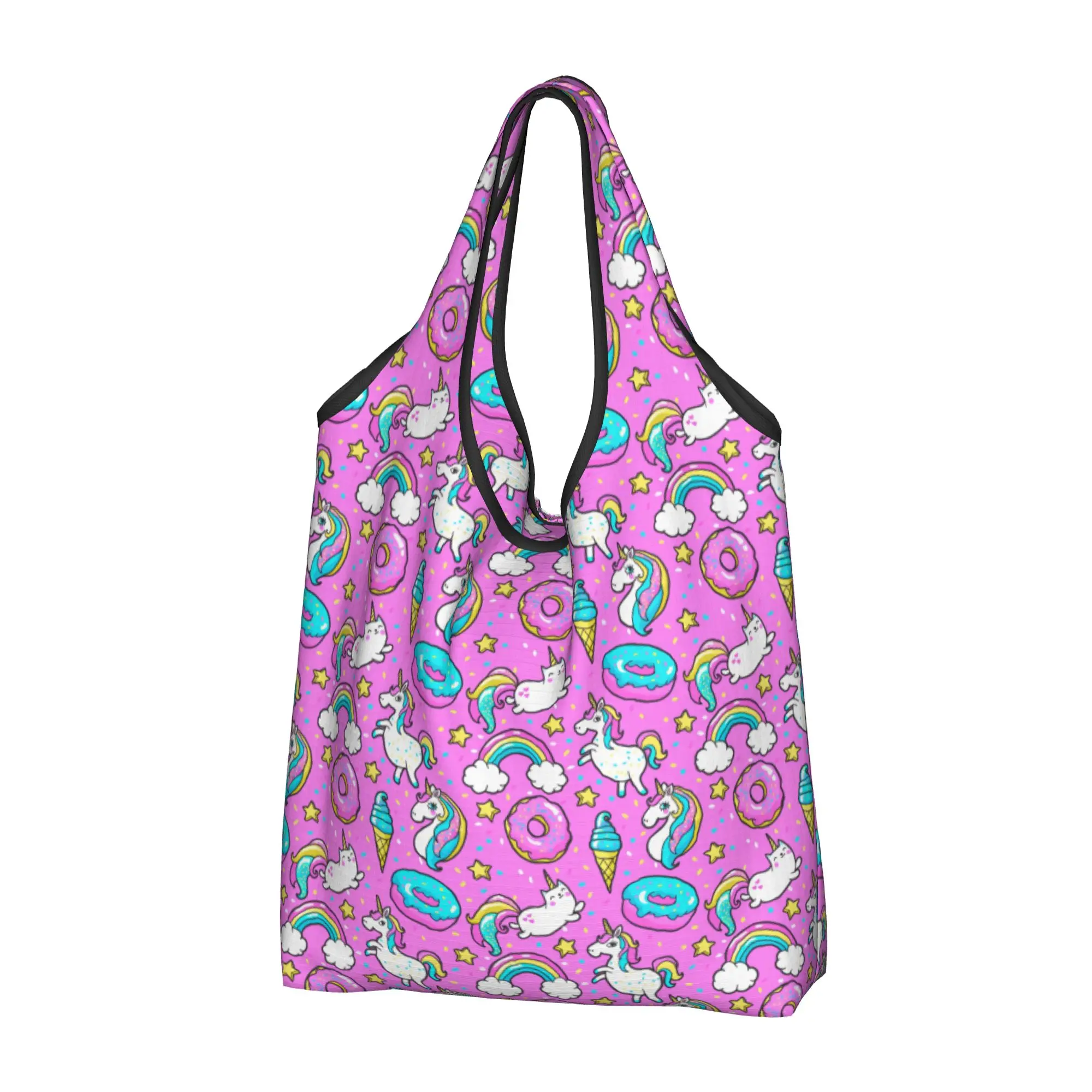 sacola-de-compras-personalizada-unicornio-eu-amo-donuts-cor-de-rosa-arco-Iris-gato-para-mulheres-portatil-grande-capacidade-sacola-de-compras