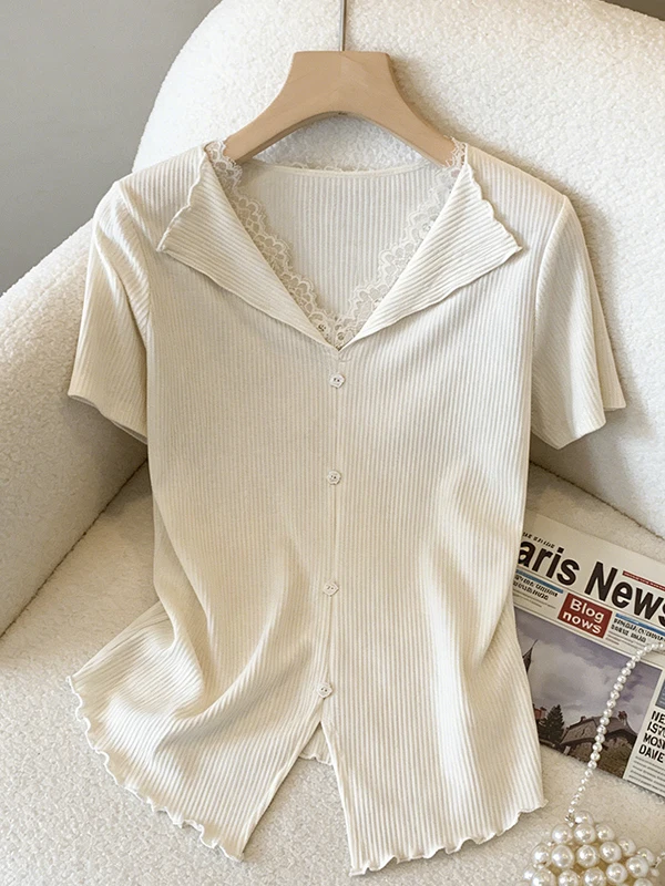 

plus Size Summer T-Shirt Lace V-Neck Short Sleeve Fashionable Splicing Women's Clothing Breathable Korean Style Casual Wear