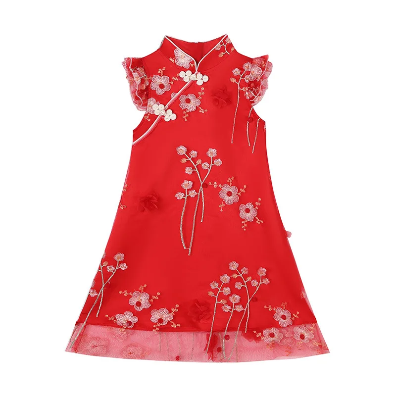 New Summer Girls Lace Embroider Short Cheongsam Dress Chinese Style Slim Vintage Vestido Qipao Dresses With Cloud shoulder