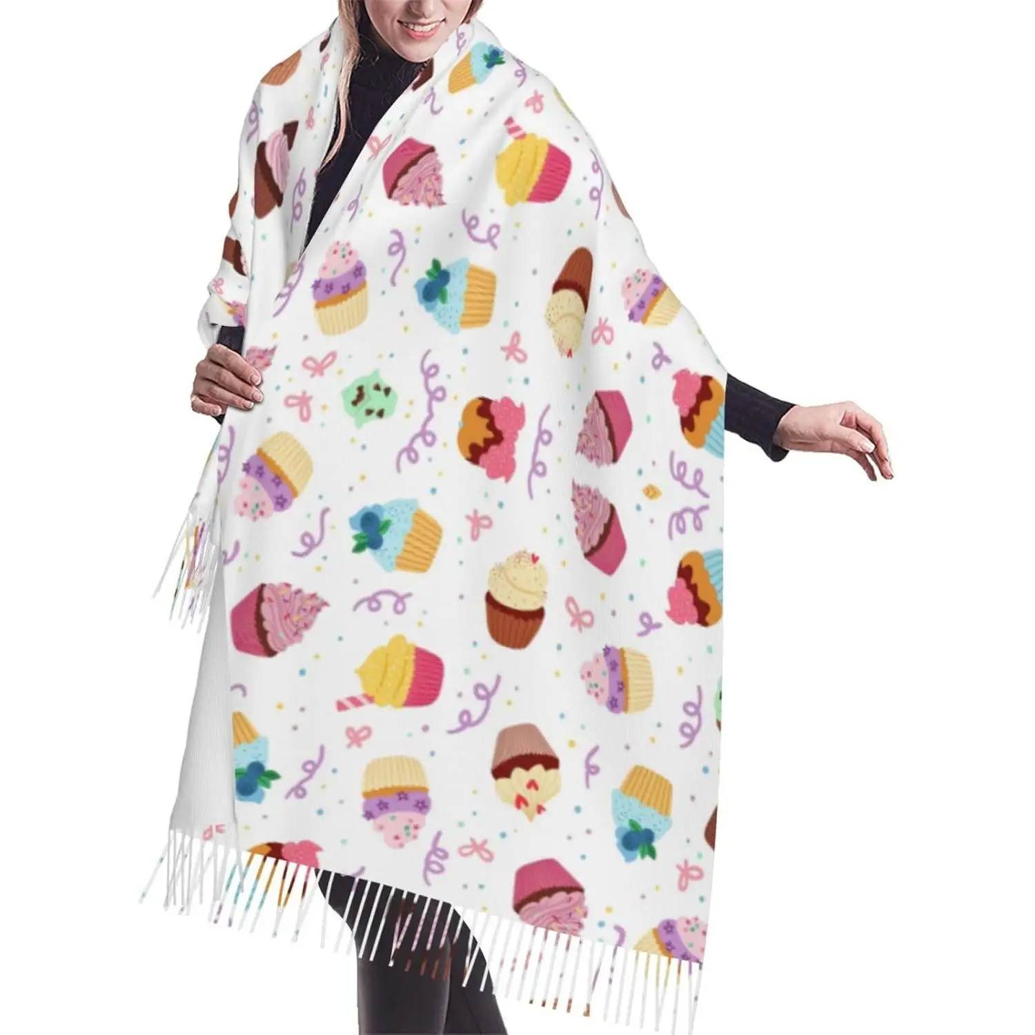 

Delicious Cupcakes Print Fringed Scarf Lightweight Women'S Fashion Scarf Soft Wrap Shawl Tassel Scarf Gift