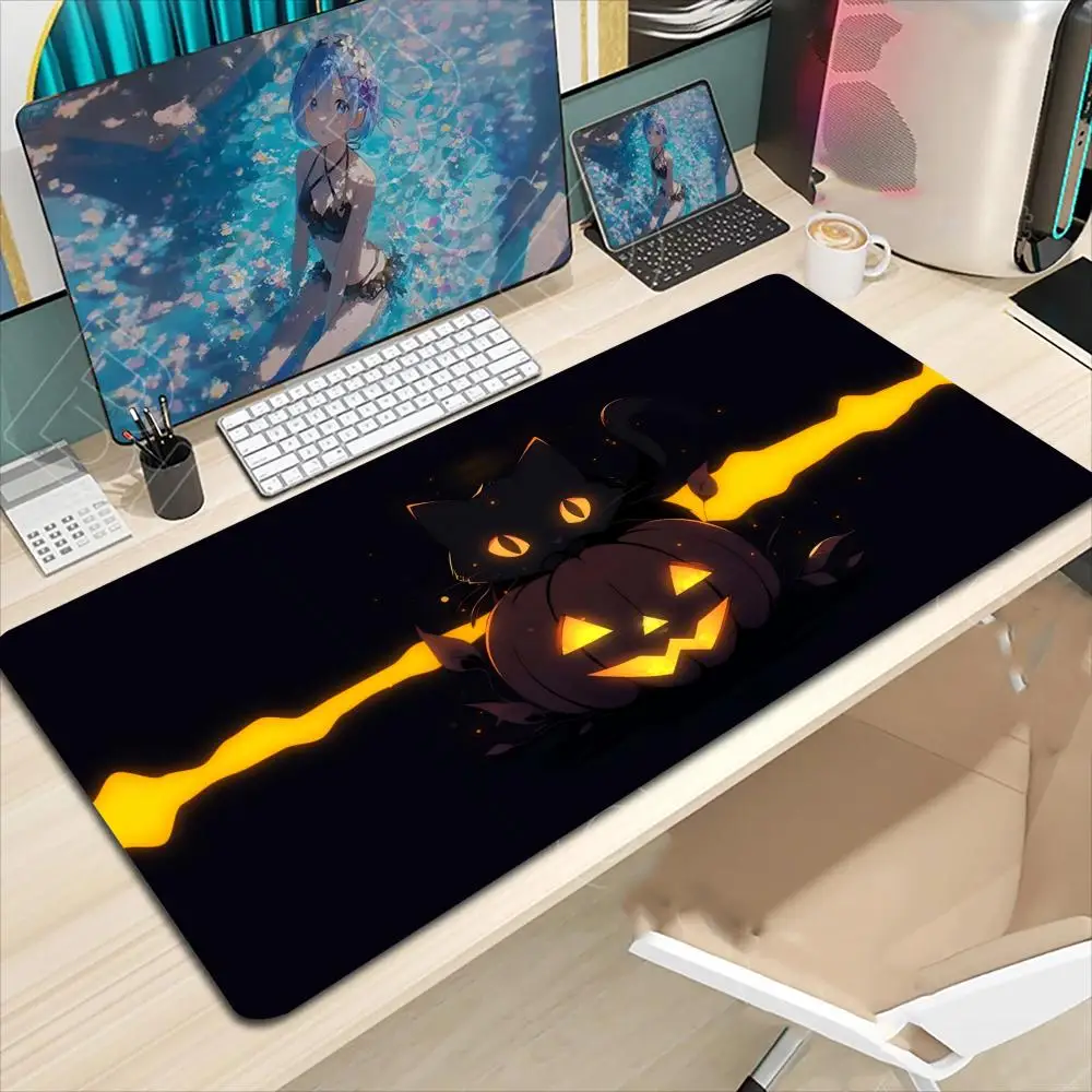 Alas Mouse Kucing Hitam Anime Lucu Alas Meja Gaming Kantor Komputer Besar Alas Keyboard & Mouse Gaming Anti-selip Karet XXL 900x400mm