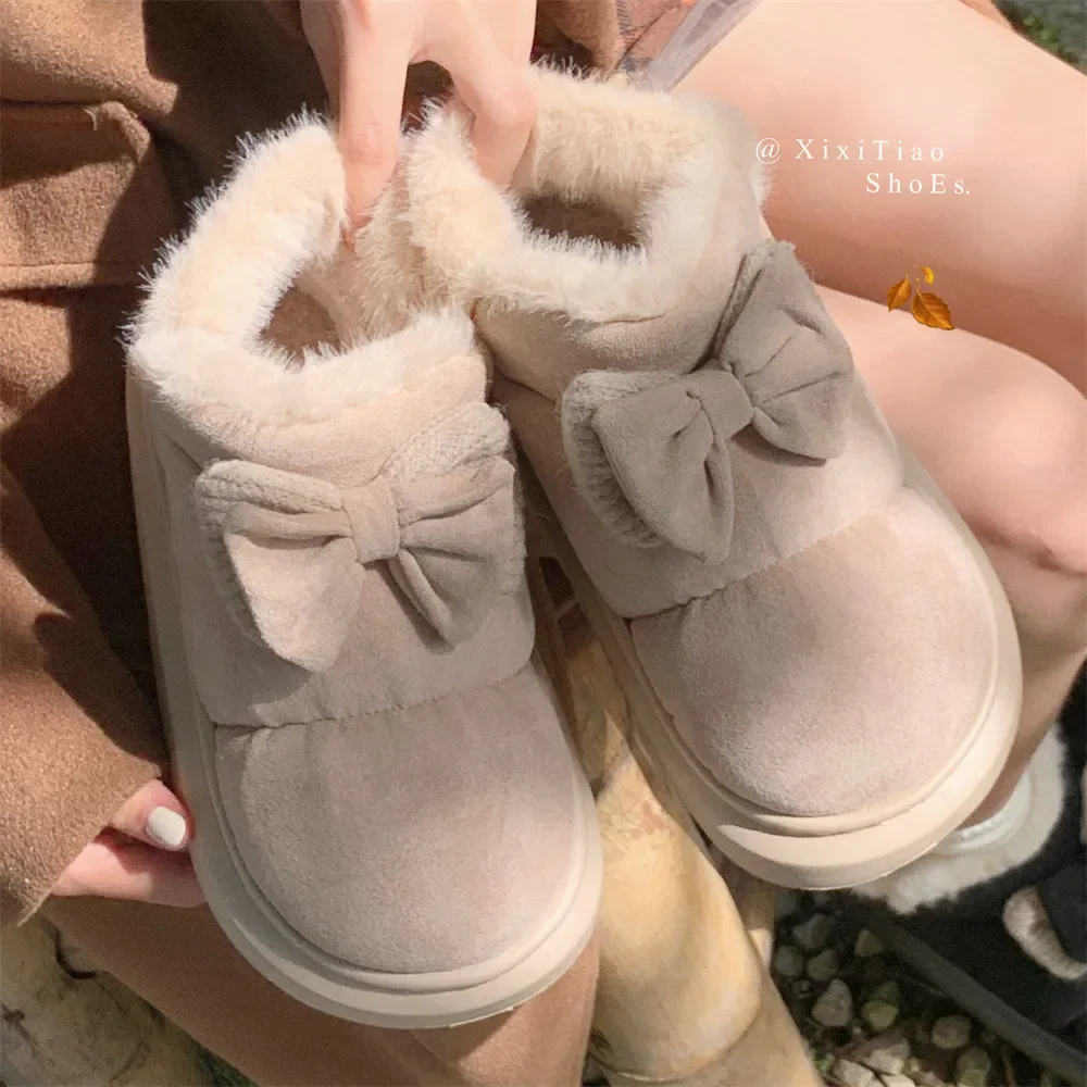 Outer wear cute bow fashion simple snow boots female winter new velvet thickened warm short cylinder cotton boots