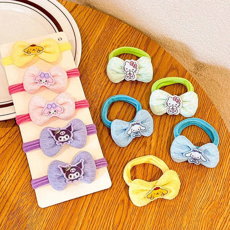 Sanrio Hello Kitty Kuromi Bow Hair Rope para Crianças, Kawaii Cartoon Hair Ring, Rubber Bands, Ponytail Tie, Hair Accessories, 2Pcs