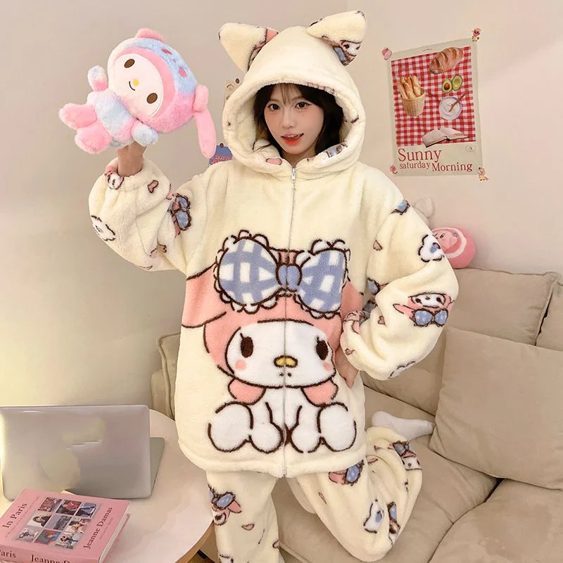 Sanrio Girl Coral Fleece Winter Hooded Thickening Pajama Set Kawaii My Melody Comic Keep Warm Zipper Cardigan Leisure Wear New