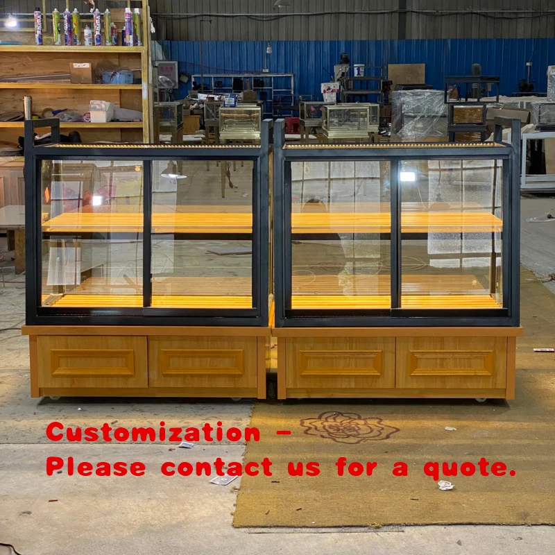custom.Stainless Steel Plated Frame 2-Tier Glass Bakery Display Cabinet with LED Light Shopping Mall Commercial Use