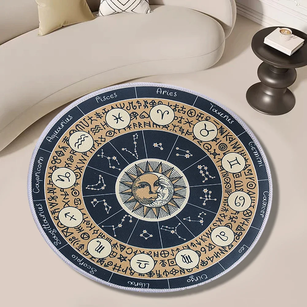 Round Flannelette Tablecloth with Non Slip Feature Mysterious Tarot and Twelve Constellation Sun Decorations for Table Top Games