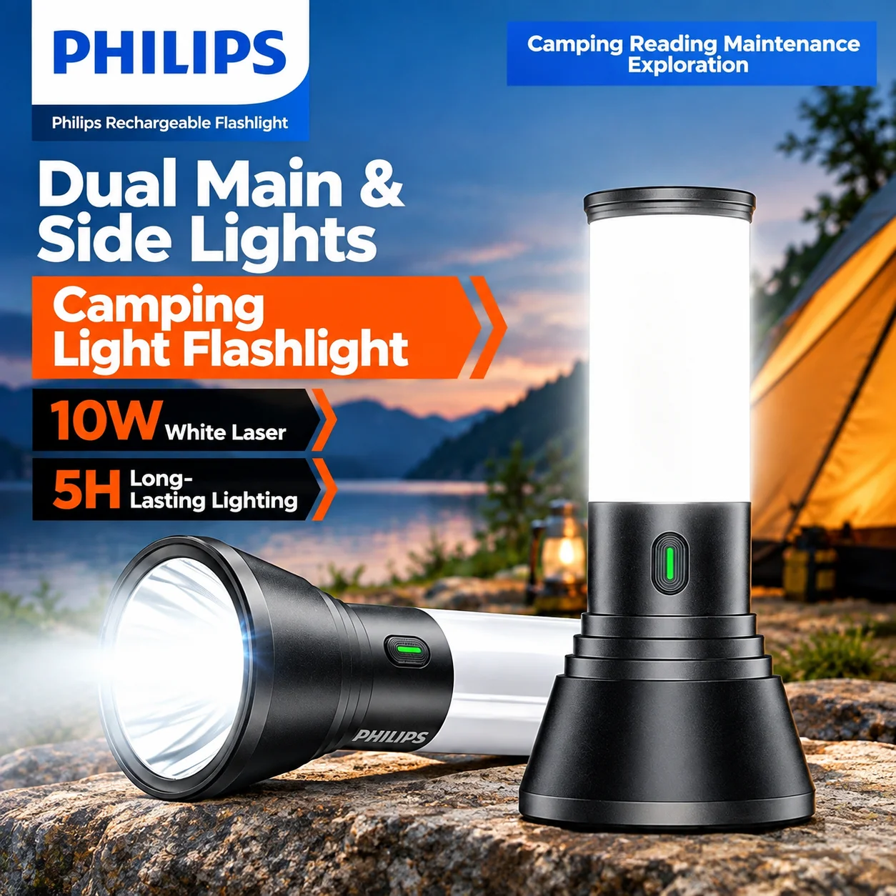 PHILIPS Rechargeable Flashlight 10W White Laser Dual Main Side Lights Camping Light 5H Lighting Outdoor Emergency Torch