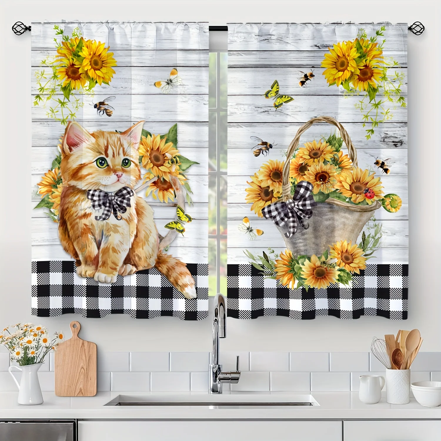 2pcs New Modern Fresh Checkered Sunflower Digital Printed Home Decoration Kitchen Short Window Curtains for Bedroom Living Room