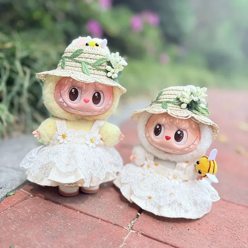 Bonitos muñecos de peluche, ropa para Labubu I II, estilo coreano, sombrero de paja de Margarita esponjosa, traje, vestido, sombrero de flores, traje para Ladbubu Crybaby