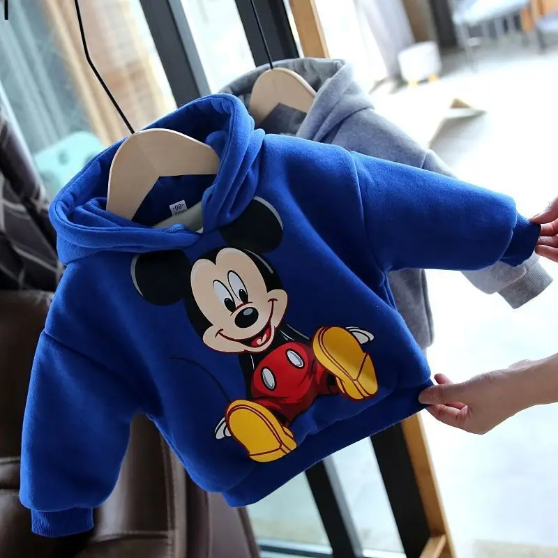 Winter Kids Plus Cashmere Mickey Mouse Hoodie Fall Boys and Girls Thick Warm Cute Long Sleeve T-shirt Kids Casual Clothing