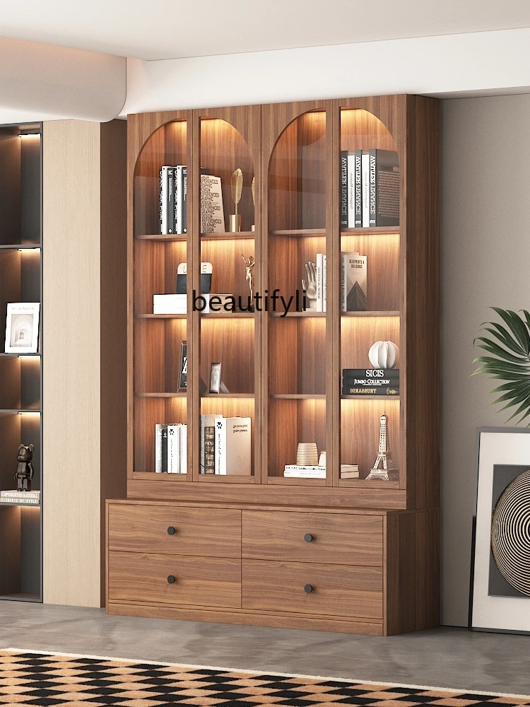 Living Room Bookcase Home Locker Integrated Entire Wall Glass Door Display Cabinet with Cabinet Door