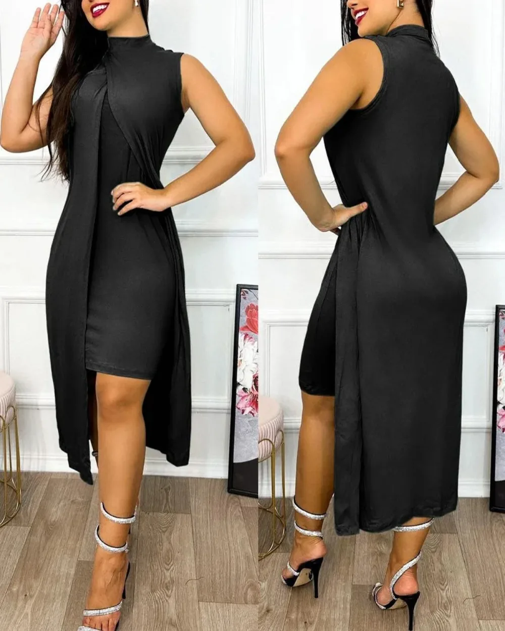 Women's Casual Sleeveless Irregular Dress, Solid Round Neck, Sleeveless Split Dress, Summer Fashion, 2024