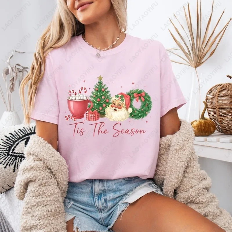 Tis The Season Christmas Men Women Cotton Tshirt Pink Retro Santa Tree Wreath Holiday Clothing All Match Classics Aesthetic Tops