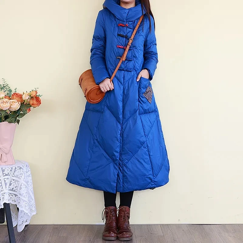 White Duck Down Jacket, Knee Length, Winter Buckle Hot Selling Chinese Style Warm Mid Length Down Jacket