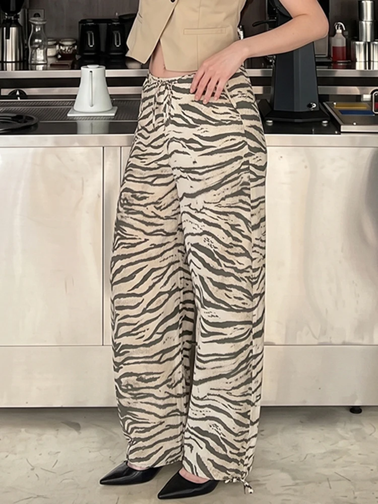 HH Minimalist Loose Baggy Tiger Print Trousers Drawstring Elastic Waist Cuffed Wide Leg Jogger Pants Summer Business Casual Bott
