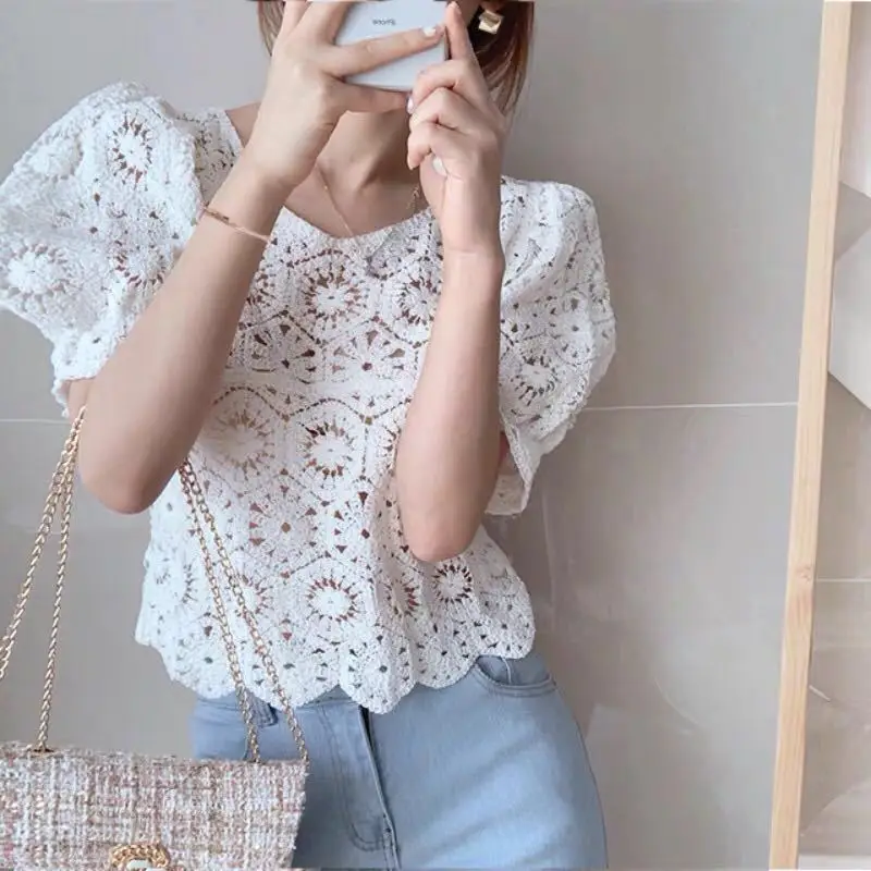Crochet Lace Top Puff Sleeve Hollow-out Openwork Knit Top Blouse Shirt Women Spring Summer Boho Vacation Vintage Cottagecore view 3