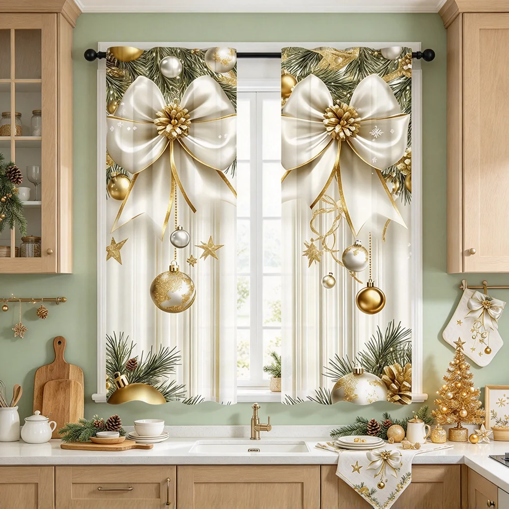 2PCS Christmas Curtains, White Gold Bow Ribbon Bauble Snowflake Star Ornament Bell Candle Pattern Printed Curtains, Chic