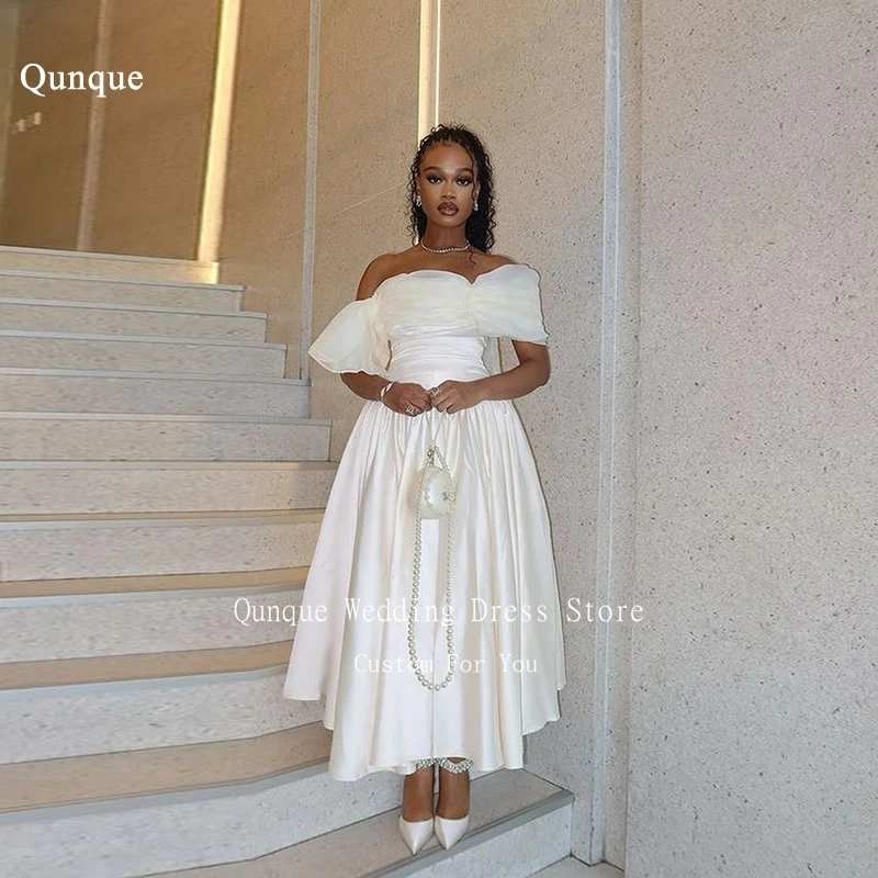 Qunque A-Line Satin Wedding Dresses Off The Shoulder Organza Puff Sleeves Bridal Gowns Ankle Length Vestido de Novia Customized