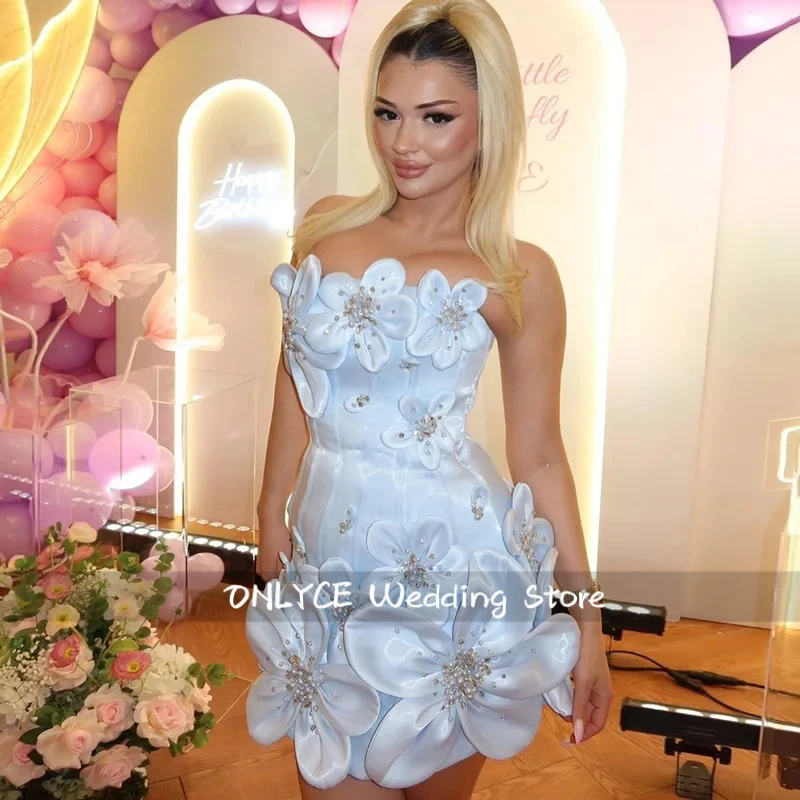 Fantastic Blue Floral Dress 2026 Beaded 3D Flower Short Prom Dresses Women Birthday Dress Pearls Petals Formal Party Gown Custom 2