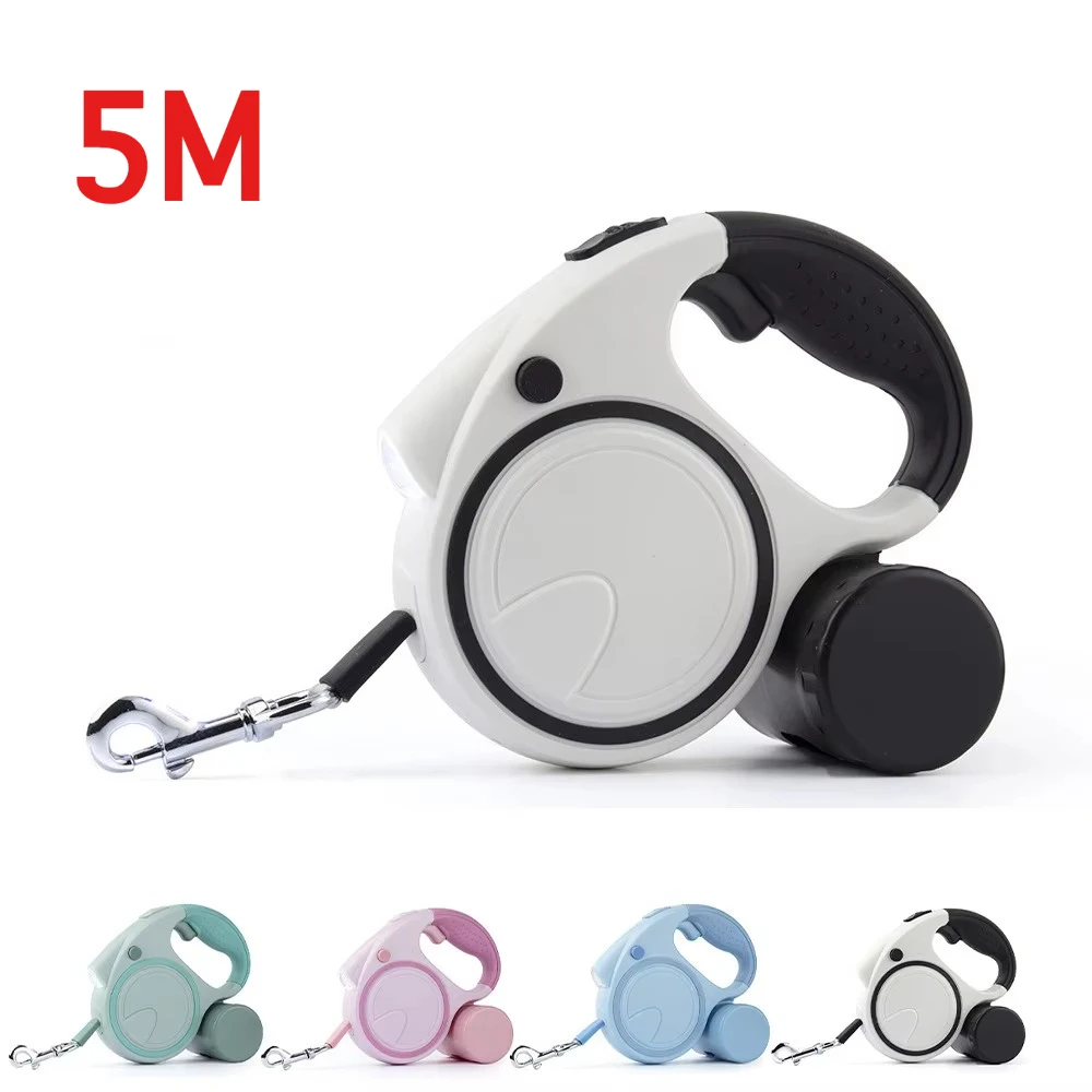 

3 in 1 retractable dog leash with luminous LED light and poo bag dispenser - heavy duty large pet leash for night walking